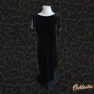 Black velvet V-neck dress with ruffle asymmetrical hem and short sleeves